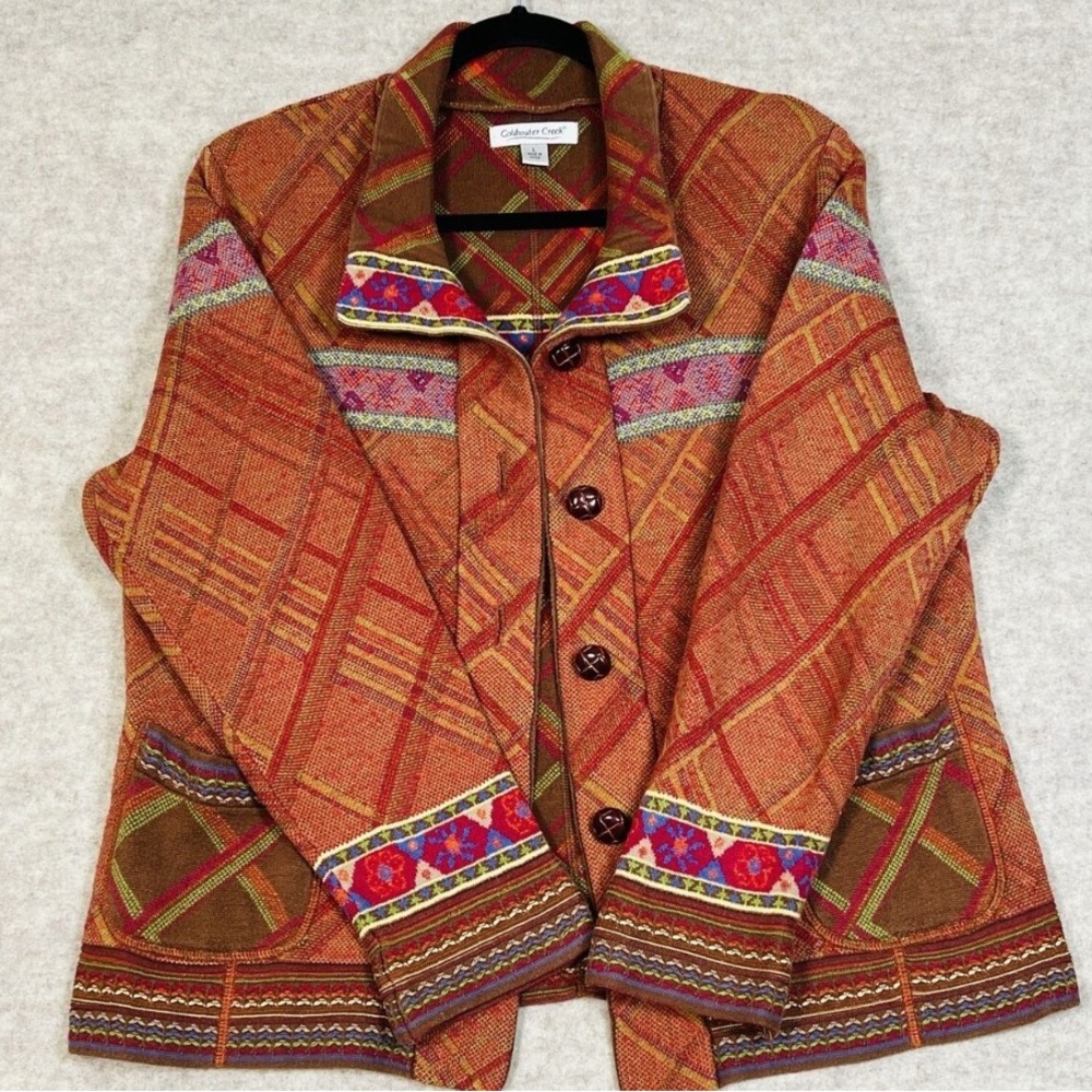 Hippie Boho Wool Blend Sweater Jacket Intarsia Sz S Plaid Patchwork Burnt Orange